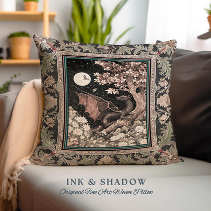 Dreamscape Pillow Twilight Dragon Dark Floral Enchanted Victorian Gothic Pillow | Mystic Forest Whimsical Folklore Magic Tapestry Cushion |