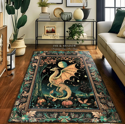 Witchy Whimsigothic Enchanted Night Moonlit Mystic Dragon Rug Celestial Fairytale Home Accent Carpet, Mythical Fantasy Forestcore Art Decor