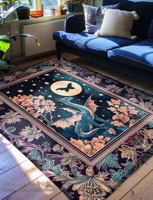 Enchanted Fall Forest Celestial Dragon Rug Whimsical Starry Night | Magical Woodland Goblincore Mystical Moon Fairytale Ethereal Carpet |