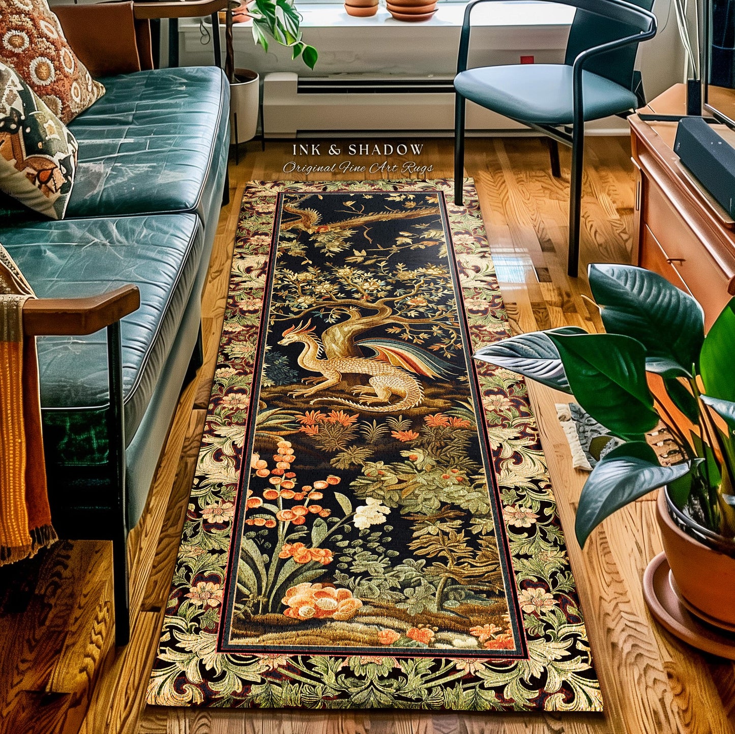 Baroque Dragon Fantasy Runner Rug | Dark Medieval Enchanting Nature Accent Ancient Aesthetic Ethereal Storybook Home Accent Forestcore Magic