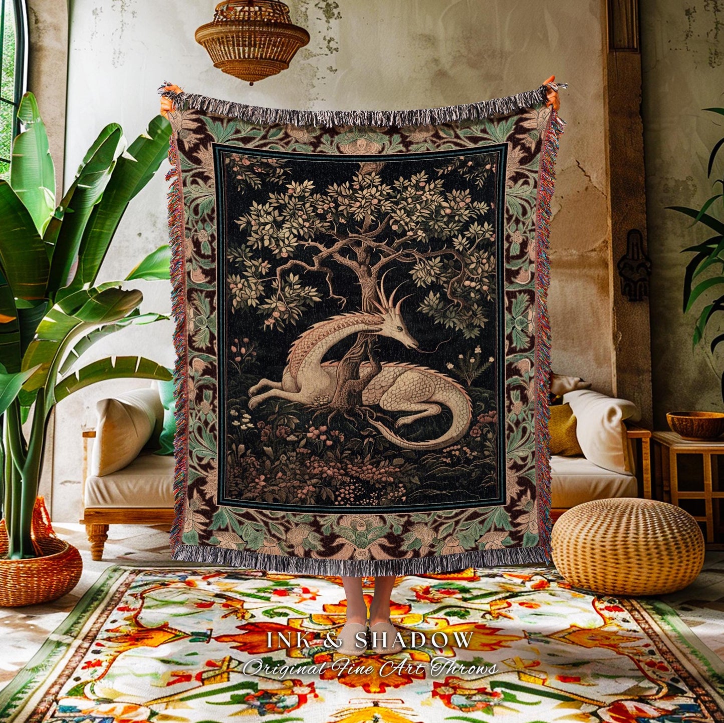 Renaissance Dragon Blanket Forestcore Victorian Gothic Charm, Antique Baroque Style Enchanted Medieval Fantasy Cottagecore Woodland Tapestry
