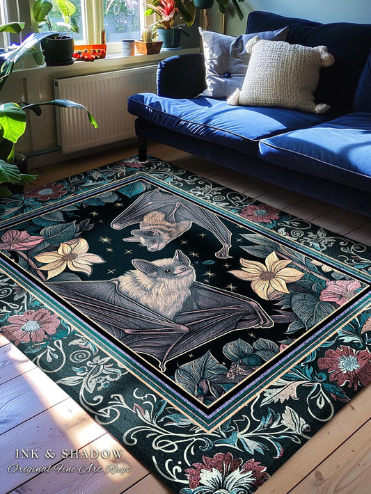 Moody Dark Acedemia Tapestry Woven Bat Rug Starry Night Woodland Gothic Floral Decor, Antique Aesthetic Victorian Botanical Whimsigothic Art