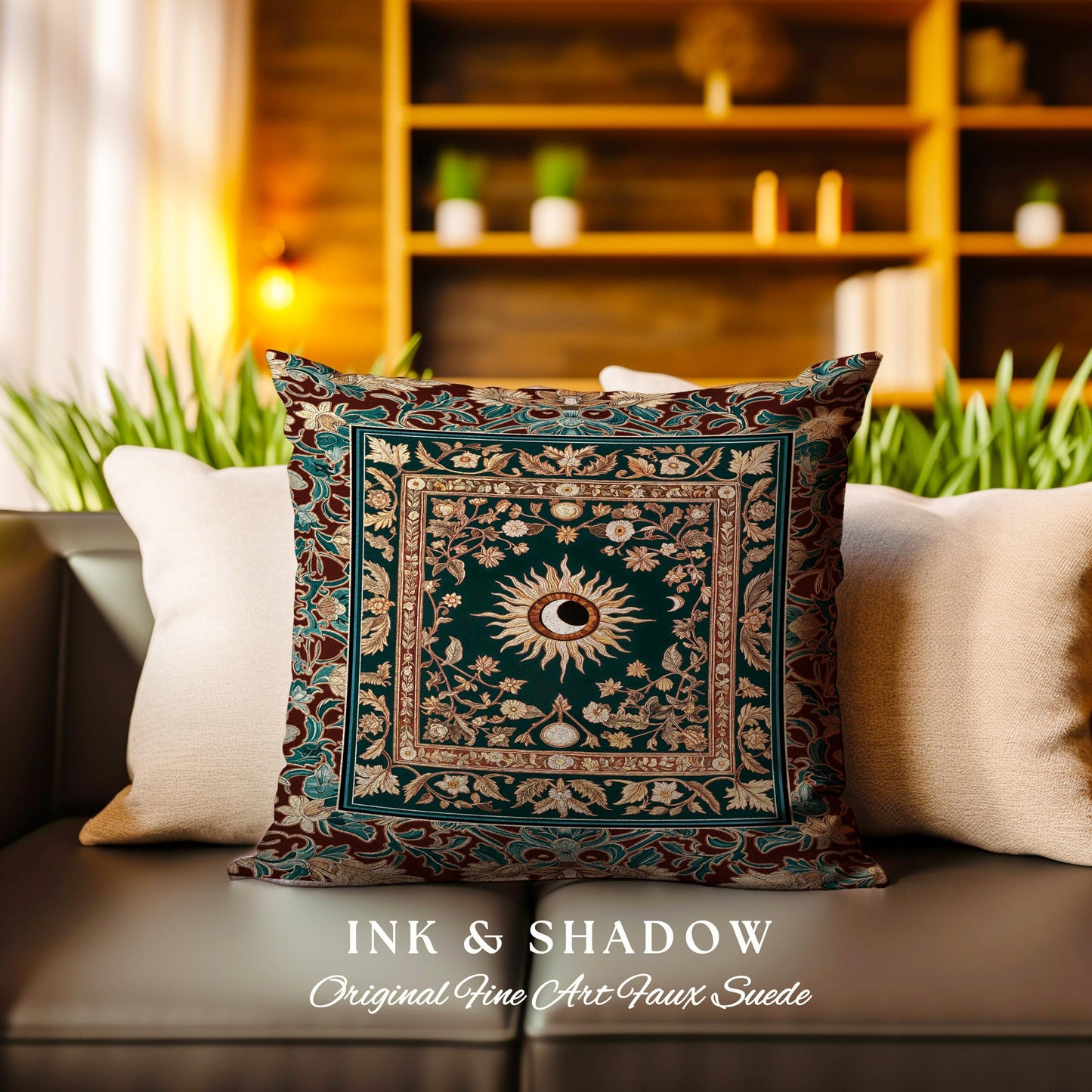 Moon and Sun Ethereal Bohemian Pillow | Celestial Tarot Aesthetic Zodiac Inspired Floral Maximalist Bed Ethereal Astrology Witchy Cushion |