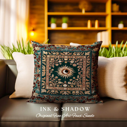 Moon and Sun Ethereal Bohemian Pillow | Celestial Tarot Aesthetic Zodiac Inspired Floral Maximalist Bed Ethereal Astrology Witchy Cushion