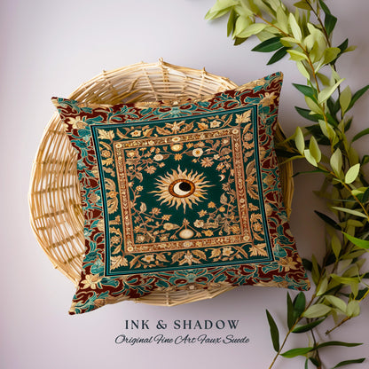 Moon and Sun Ethereal Bohemian Pillow | Celestial Tarot Aesthetic Zodiac Inspired Floral Maximalist Bed Ethereal Astrology Witchy Cushion |