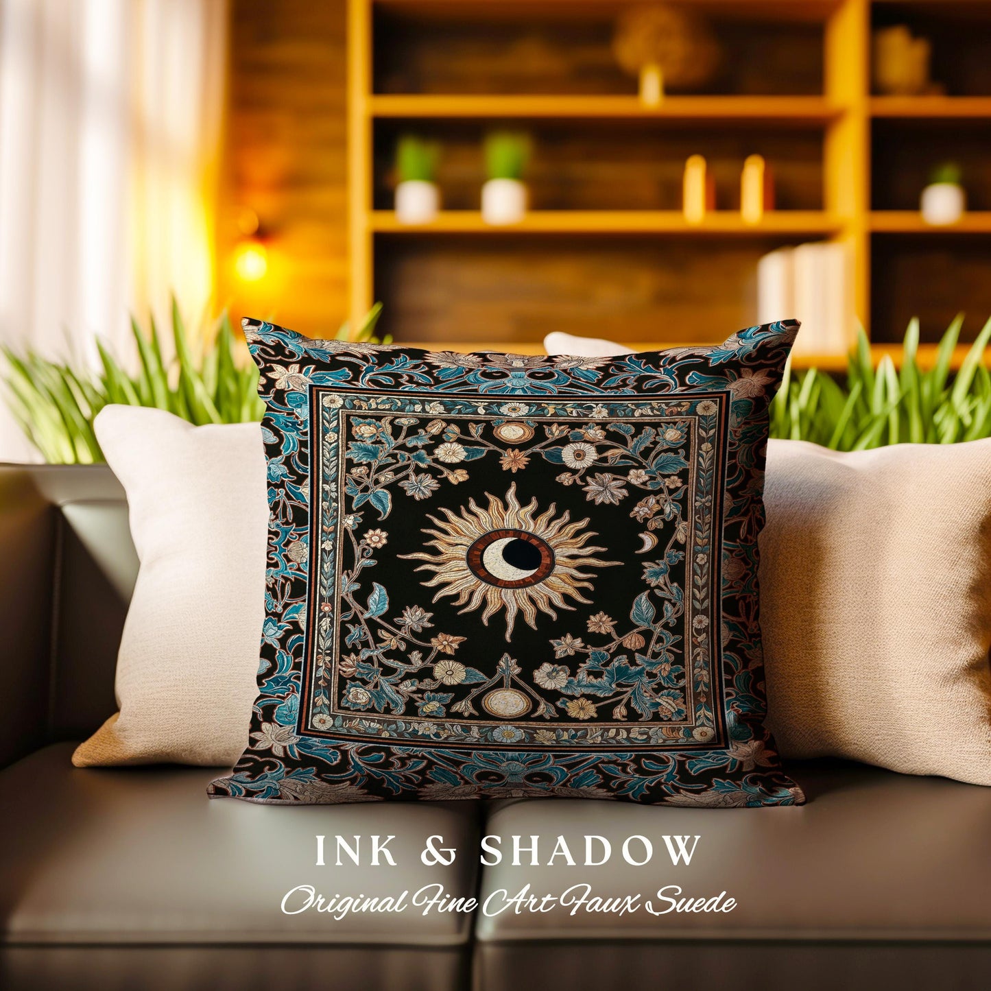 Mystic Moon Dark Academia Pillow | Celestial Tarot Inspired Gothic Maximalist Bedroom Woven Tapestry Cushion Whimsical Astrology Ethereal |
