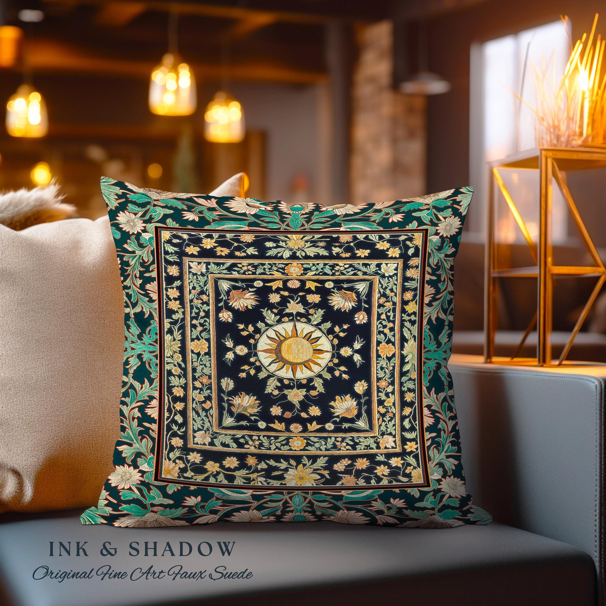 Witchy Sun Dark Academia Pillow | Bohemian Rustic Whimsical Gothic Maximalist Tapestry Cushion Whimsical Celestial Astrology Magic Aesthetic