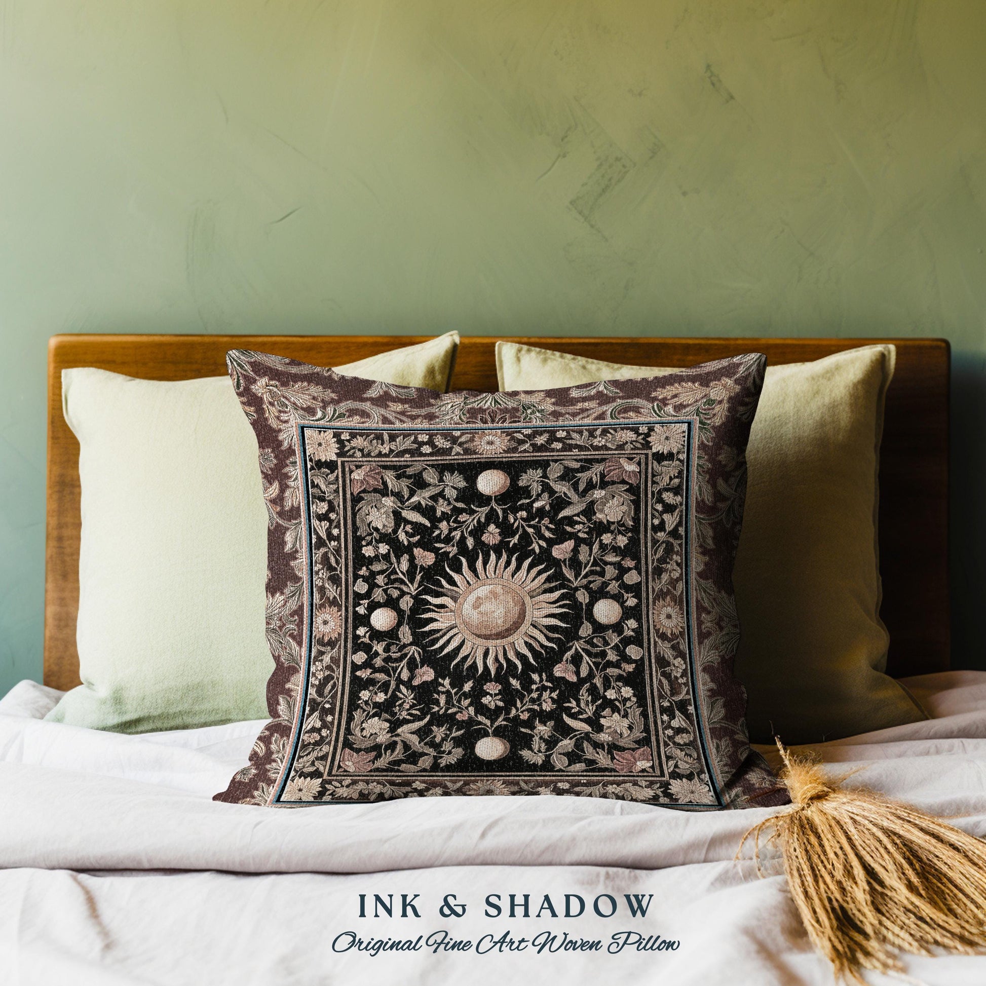 Dark Skies Celestial Accent Pillow | Enchanted Celestial Witchy Astrology Boho Maximalist Decor Sun & Moon Tarot Boho Woven Tapestry Cushion