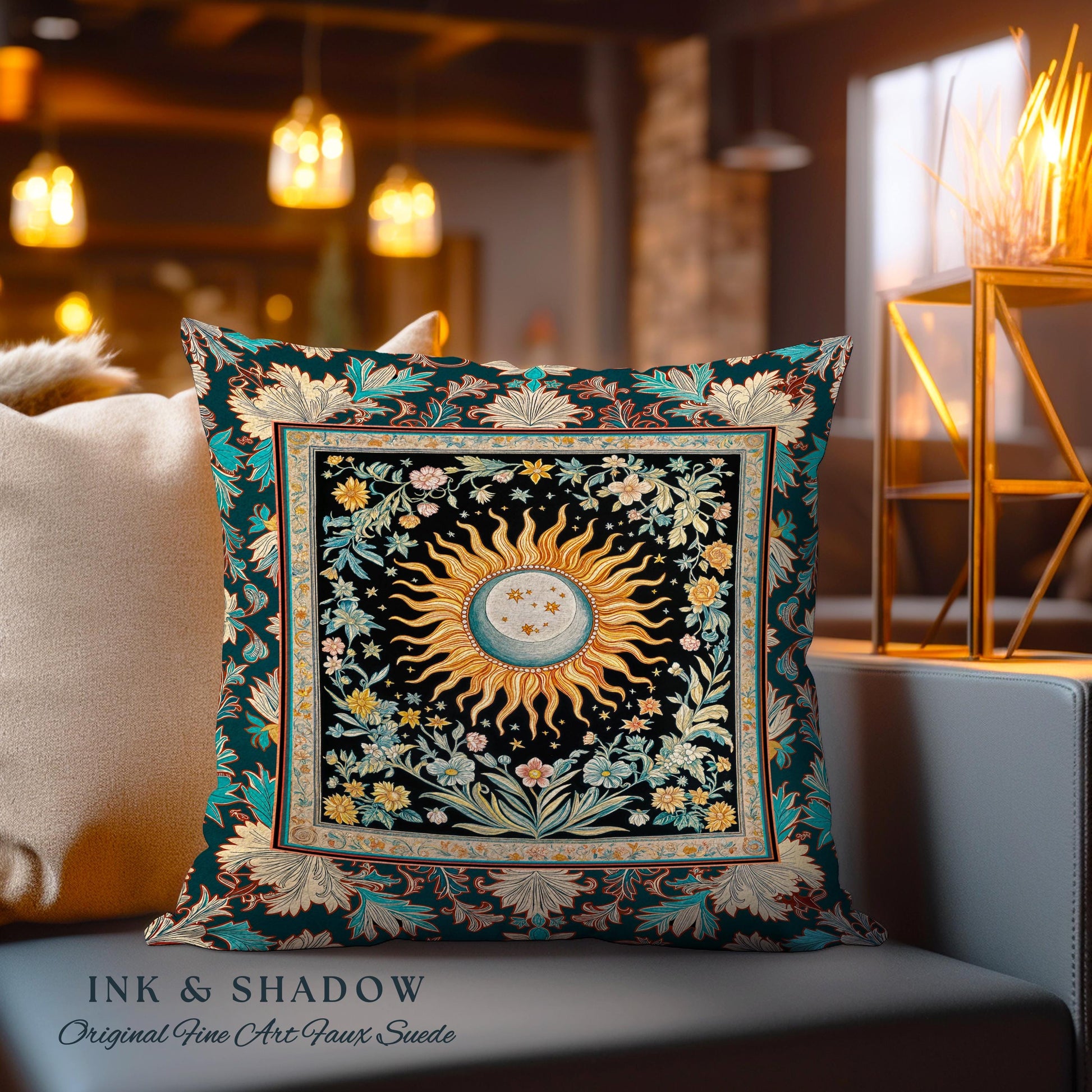 Enchanted Zodiac Mystic Accent Pillow | Celestial Gothic Tarot Inspired Astrology Bohemian Sun & Moon Witchy Maximalist Dreamy Woven Cushion