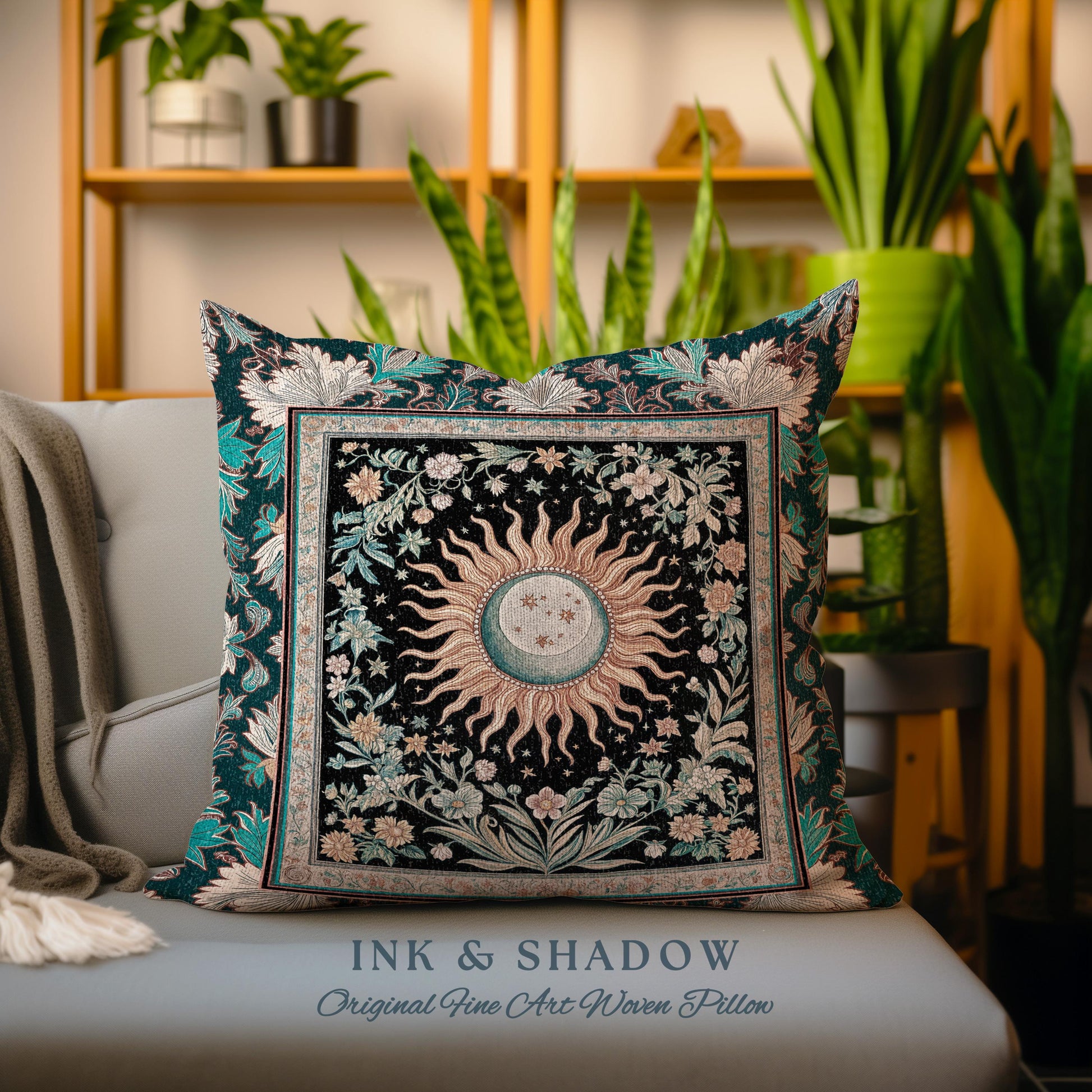 Enchanted Zodiac Mystic Accent Pillow | Celestial Gothic Tarot Inspired Astrology Bohemian Sun & Moon Witchy Maximalist Dreamy Woven Cushion