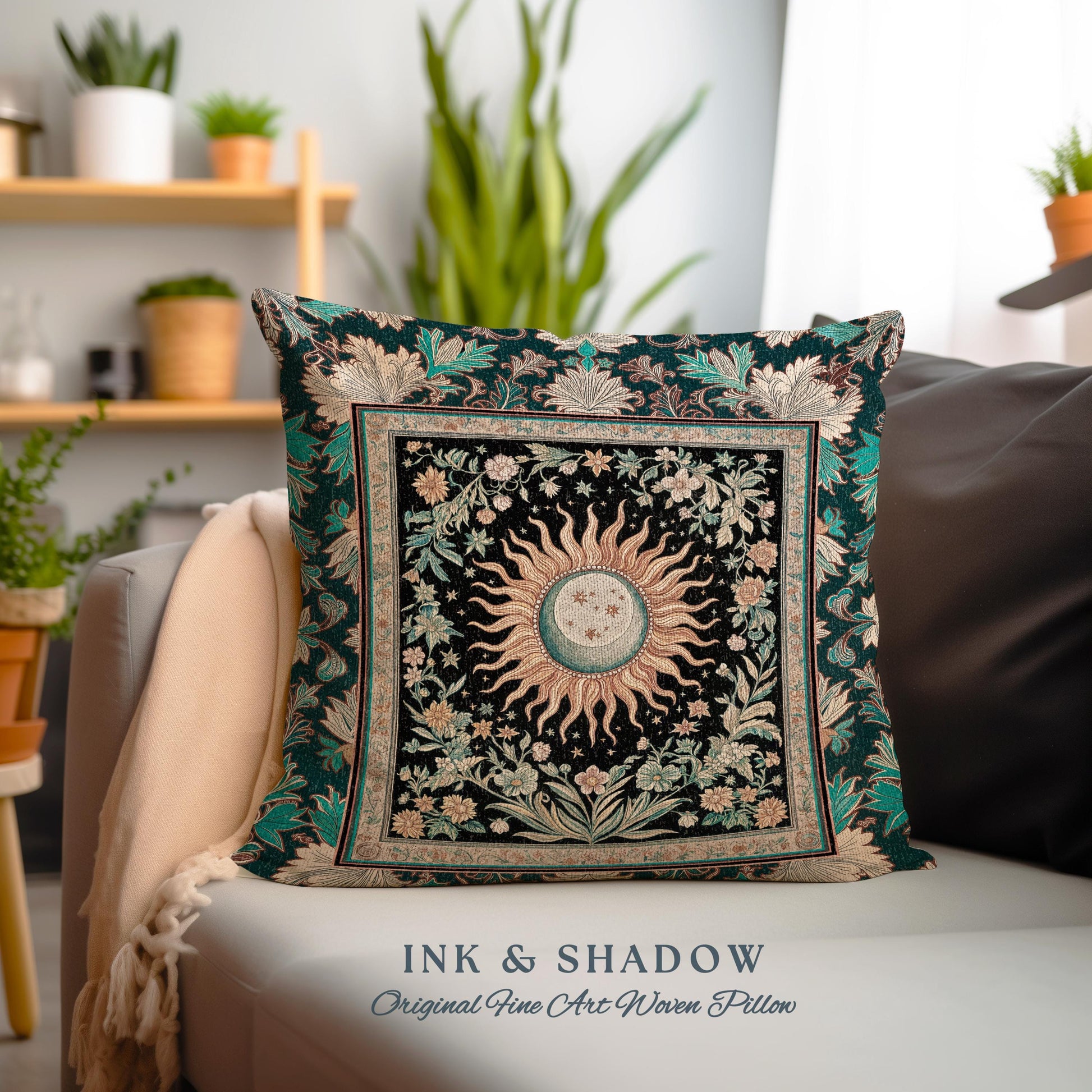 Enchanted Zodiac Mystic Accent Pillow | Celestial Gothic Tarot Inspired Astrology Bohemian Sun & Moon Witchy Maximalist Dreamy Woven Cushion