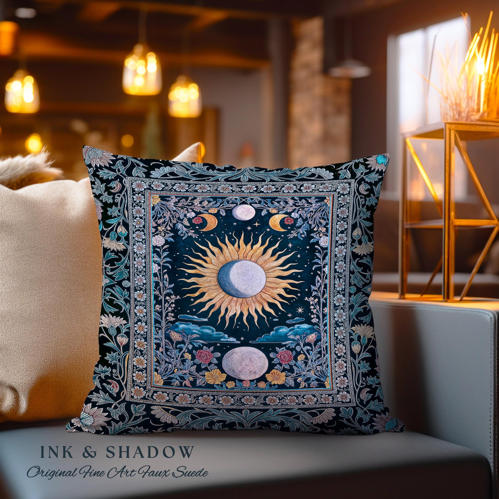 Whimsigothic Eclectic Moon Pillow | Celestial Boho Mystic Tarot-Inspired Astrology Bedroom Decor Witchy Maximalist Floral Aesthetic Cushion