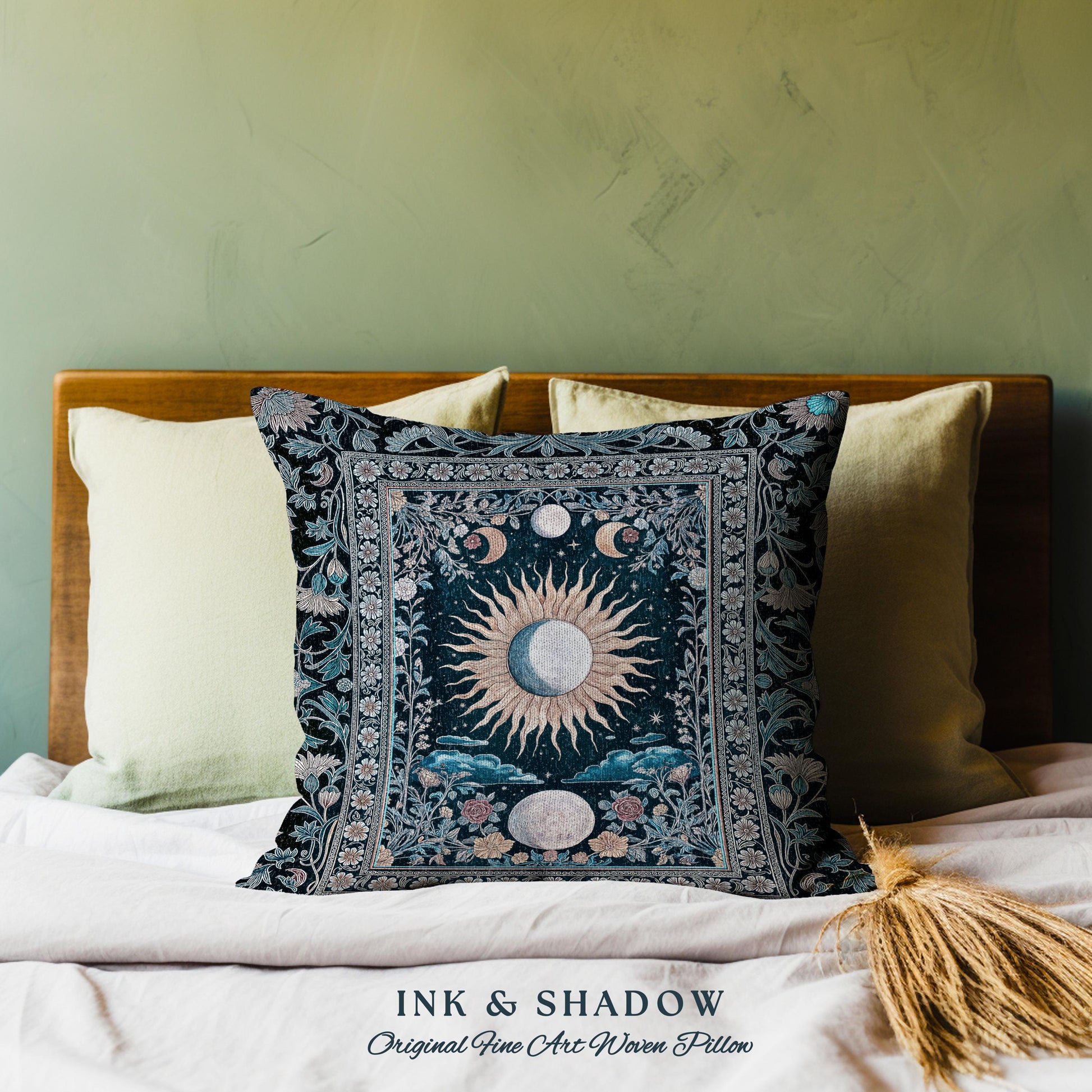 Whimsigothic Eclectic Moon Pillow | Celestial Boho Mystic Tarot-Inspired Astrology Bedroom Decor Witchy Maximalist Floral Aesthetic Cushion