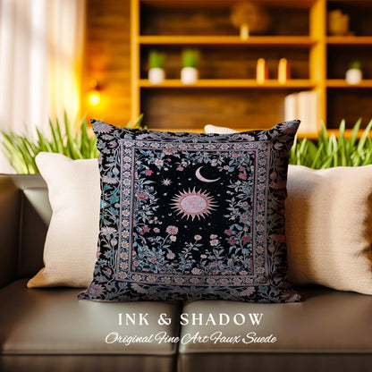 Midnight Lavender Celestial Pillow | Witchy Pastel Tarot-Inspired Bohemian Sun & Moon Maximalist Astrology Whimsical Purple Tapestry Cushion