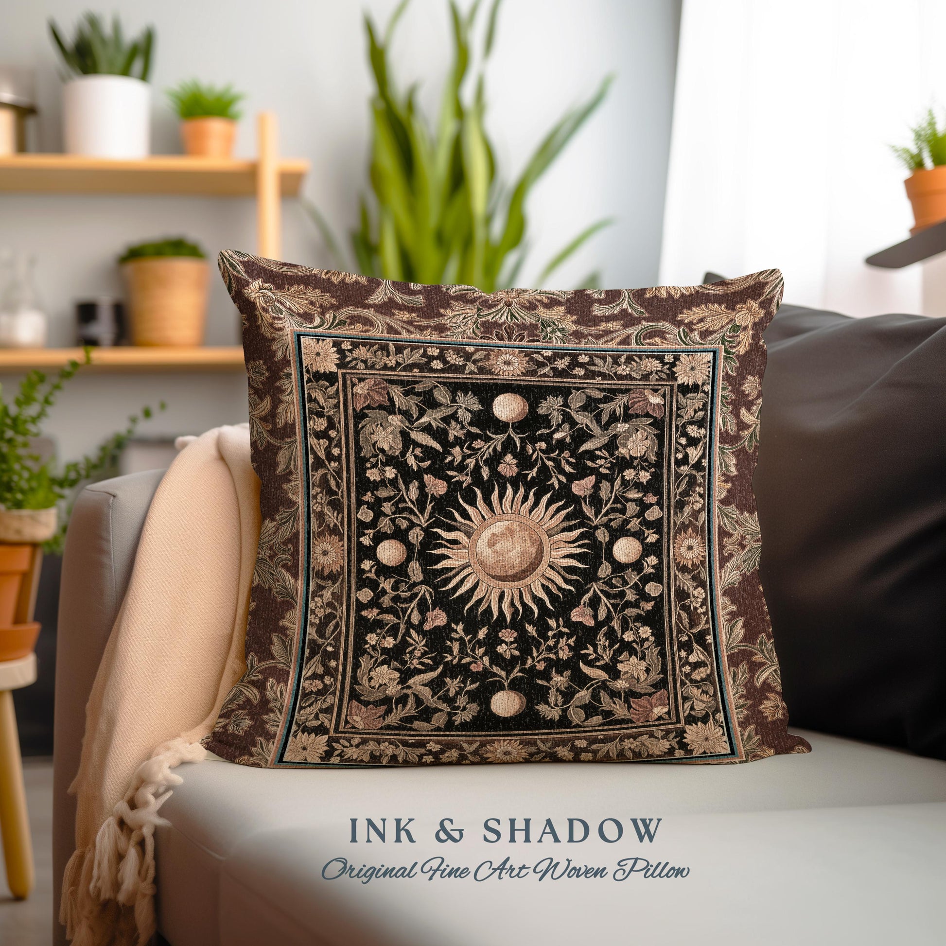 Dark Skies Celestial Accent Pillow | Enchanted Celestial Witchy Astrology Boho Maximalist Decor Sun & Moon Tarot Boho Woven Tapestry Cushion