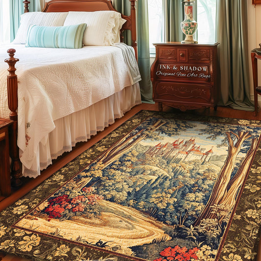Book Nook Fairytale Castle Area Rug | Woodland Fairycore Bohemian Rug Folklore Aesthetic Magical Landscape Forestcore Bedroom Dark Academia