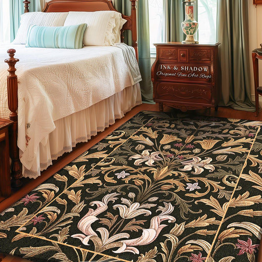 Antique Gold Baroque Floral Rug Victorian Gothic Decor | Whimsigothic Romantic Aesthetic Elegant Botanical Pattern Dark Academia Runner Rug