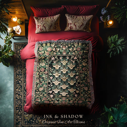 Moody Mysticism Dragon Scale Tapestry | Dark Cottagecore Magical Medieval Woven Blanket Ornate Victorian Fantasy Aesthetic Book Nook Throw |