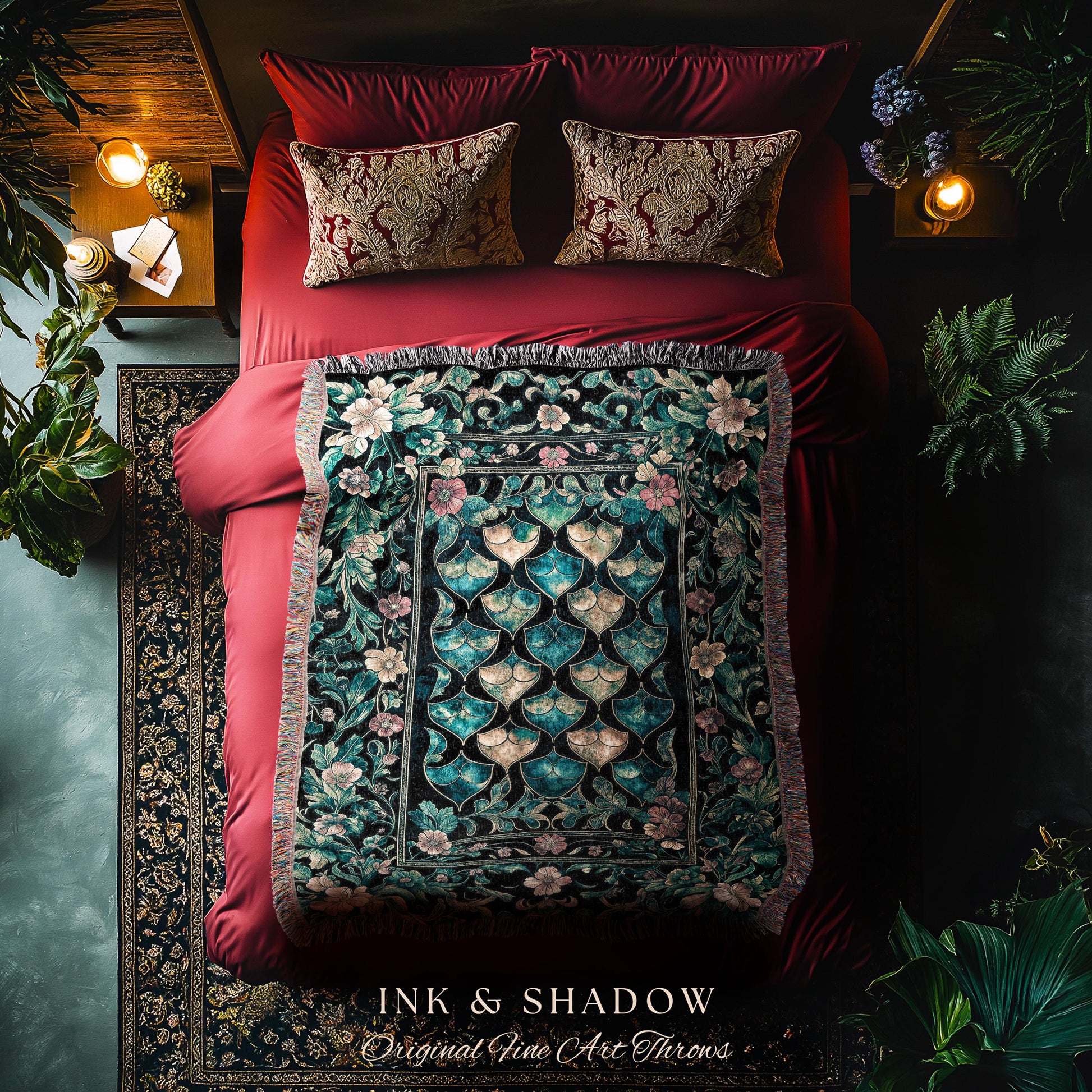Gothic Teal Dragon Scale Woven Tapestry | Ethereal Aesthetic Fairycore Elegance Throw Blanket Mystic Storybook Dark Academia Bedding Moody |