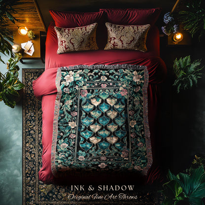 Gothic Teal Dragon Scale Woven Tapestry | Ethereal Aesthetic Fairycore Elegance Throw Blanket Mystic Storybook Dark Academia Bedding Moody |
