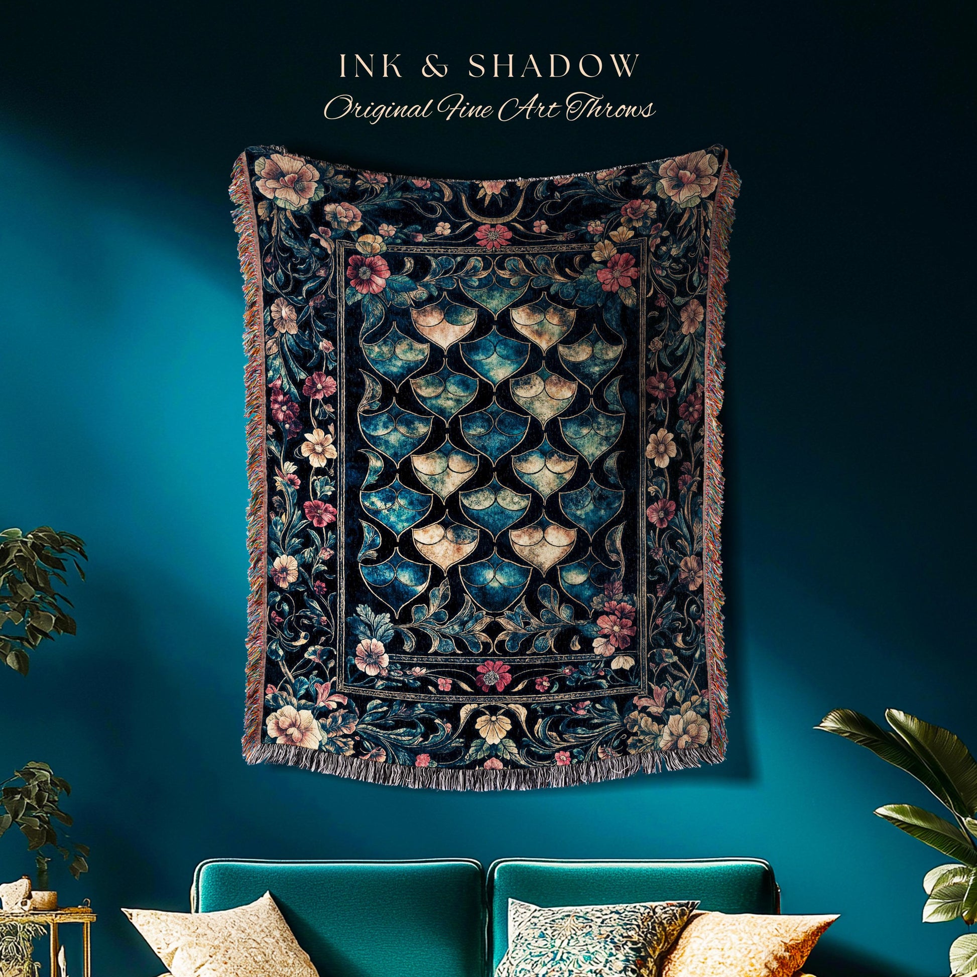 Medieval Dragon Scale Victorian Tapestry | Dark Navy Blue Gothic Dark Academia Aesthetic Fairytale Home Decor Enchanted Woven Throw Blanket