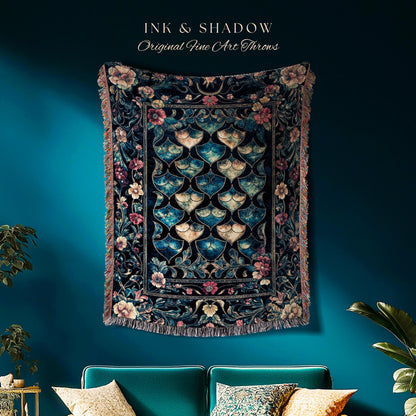 Medieval Dragon Scale Victorian Tapestry | Dark Navy Blue Gothic Dark Academia Aesthetic Fairytale Home Decor Enchanted Woven Throw Blanket