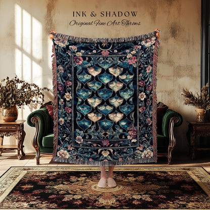 Medieval Dragon Scale Victorian Tapestry | Dark Navy Blue Gothic Dark Academia Aesthetic Fairytale Home Decor Enchanted Woven Throw Blanket