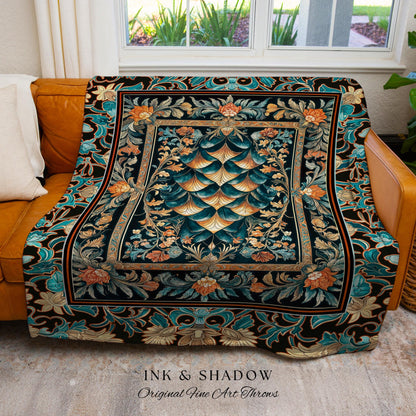 Art Deco Ornate Home Throw Blanket | Dark Academia Baroque Floral Woven Tapestry Maximalist Floral Eclectic Medieval Colorful Dragon Scales