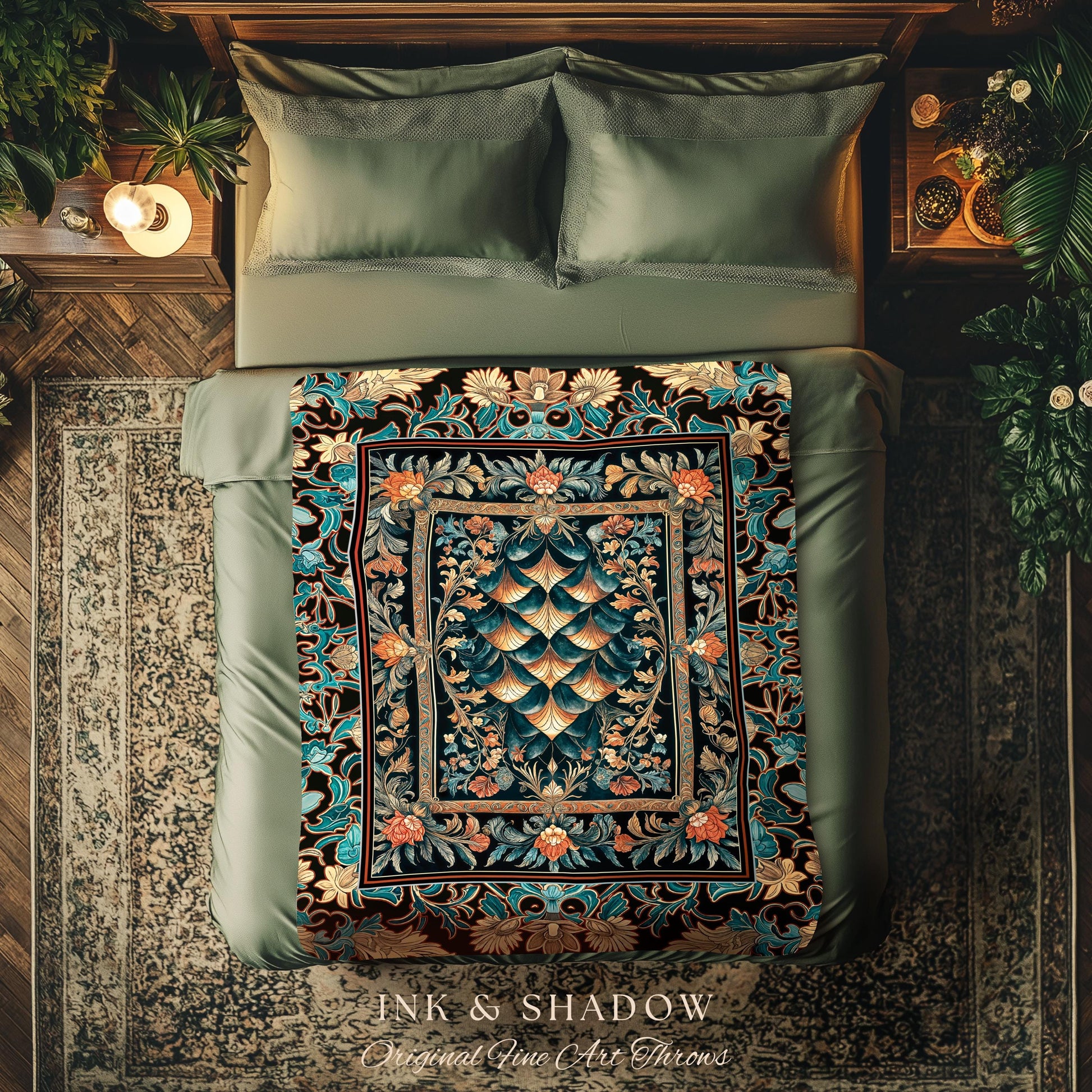 Art Deco Ornate Home Throw Blanket | Dark Academia Baroque Floral Woven Tapestry Maximalist Floral Eclectic Medieval Colorful Dragon Scales