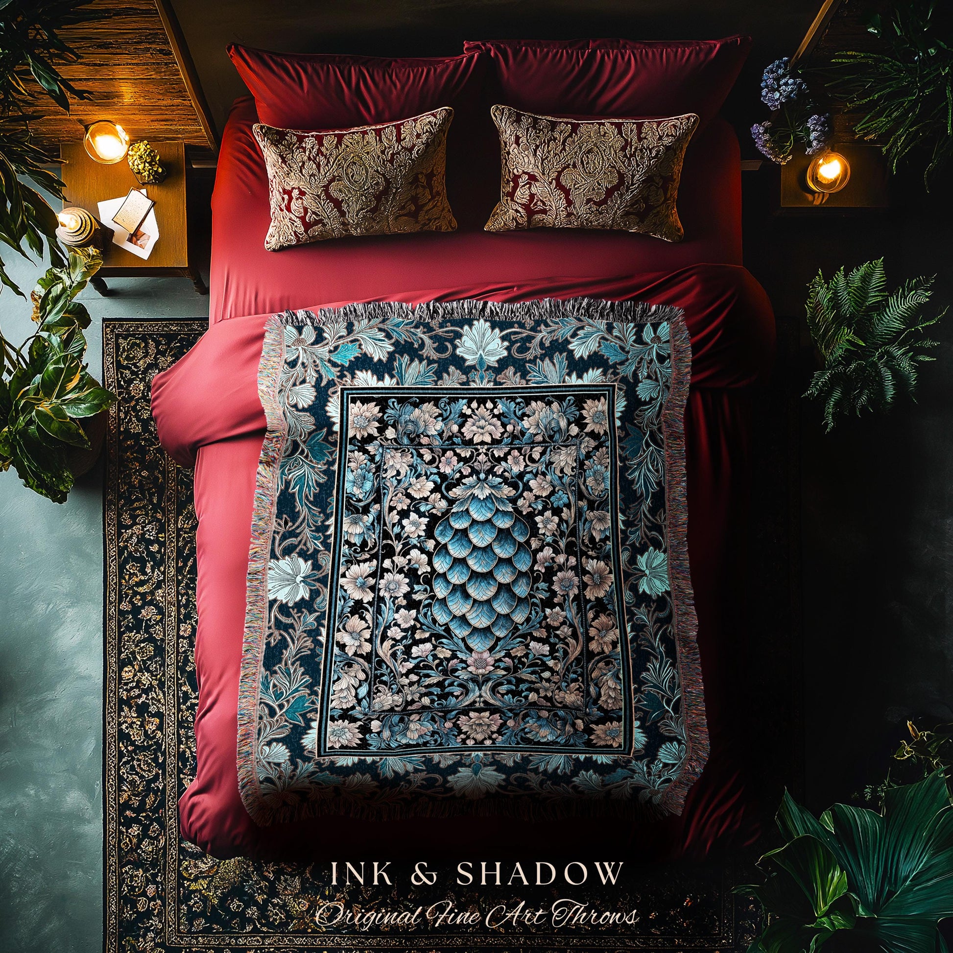 Indigo Magic Royal Woven Throw Blanket | Dark Academia Bedding Colorful Botanical Tapestry Elegant Ornate Dragon Scale Fairytale Medieval |