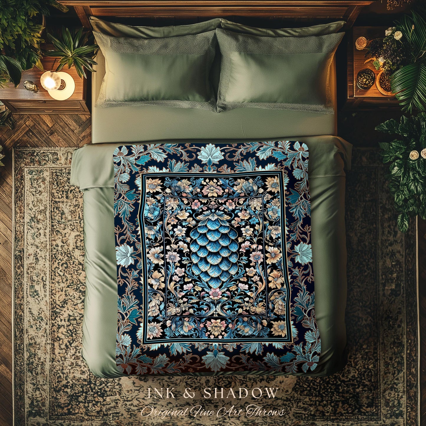 Indigo Magic Royal Woven Throw Blanket | Dark Academia Bedding Colorful Botanical Tapestry Elegant Ornate Dragon Scale Fairytale Medieval |
