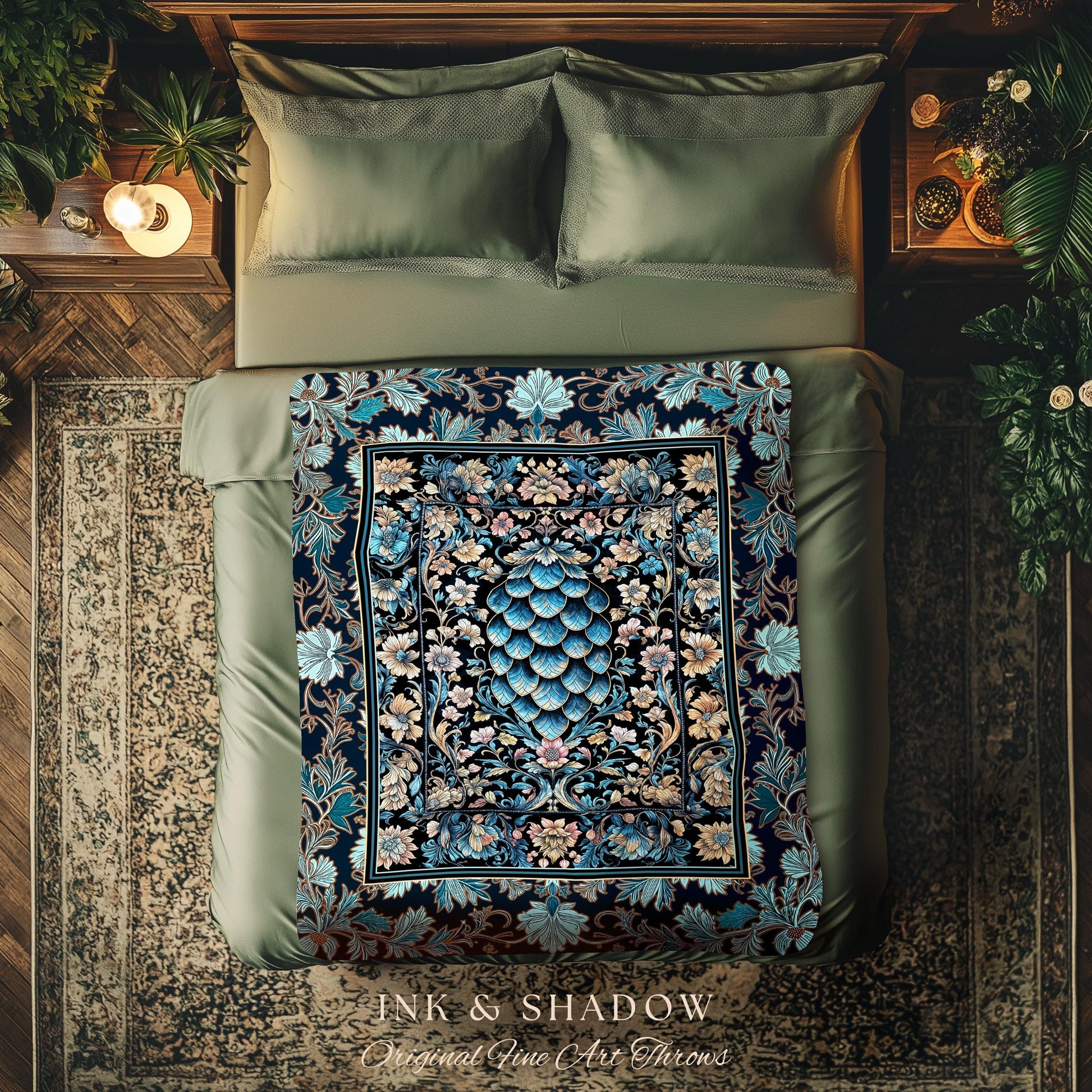 Indigo Magic Royal Woven Throw Blanket | Dark Academia Bedding Colorful Botanical Tapestry Elegant Ornate Dragon Scale Fairytale Medieval |