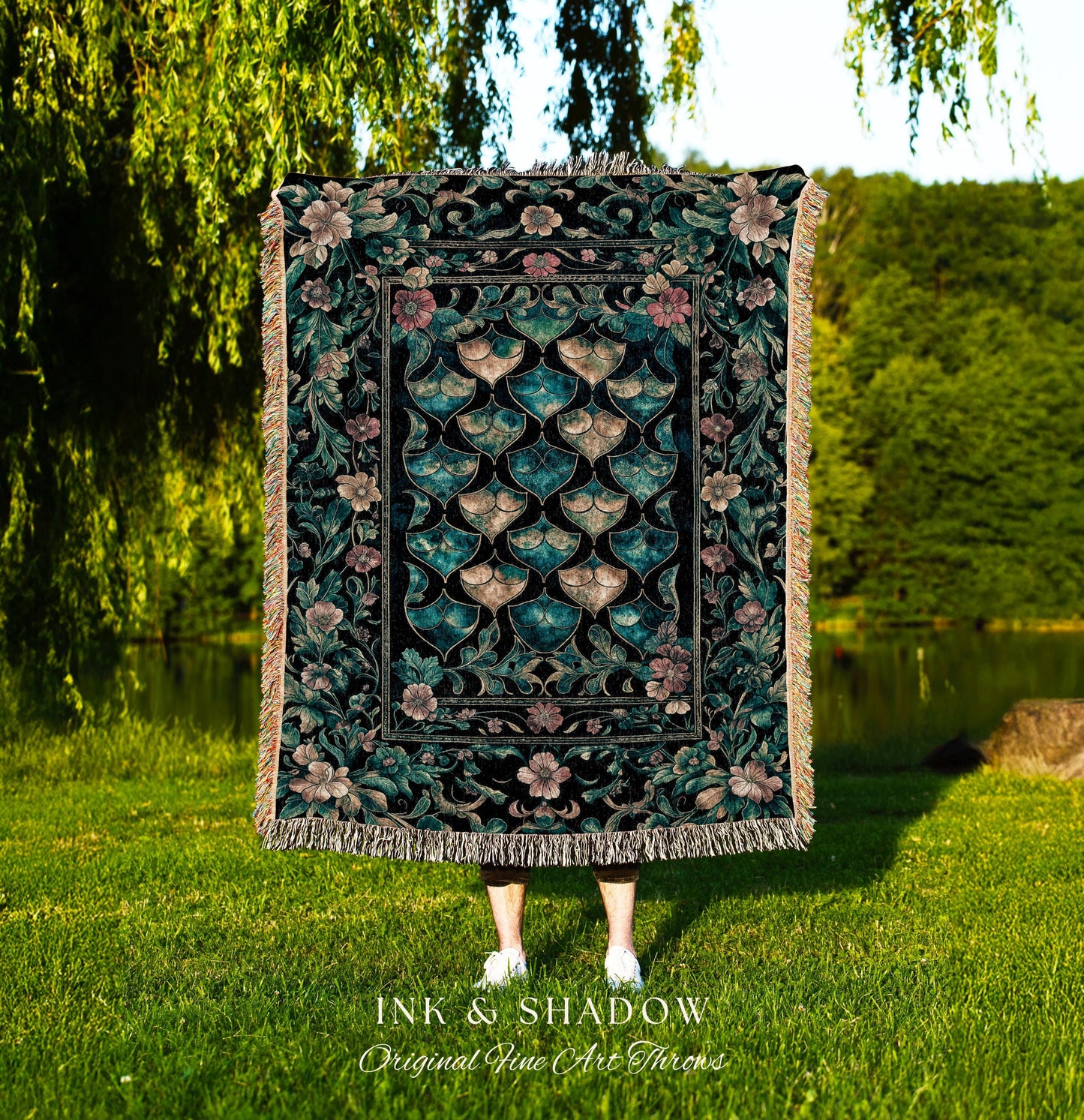Gothic Teal Dragon Scale Woven Tapestry | Ethereal Aesthetic Fairycore Elegance Throw Blanket Mystic Storybook Dark Academia Bedding Moody |