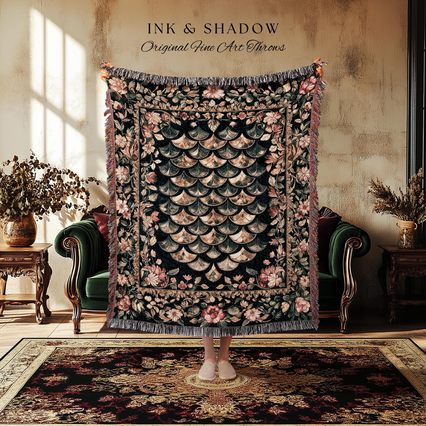 Dark Floral Nordic Inspired Tapestry | Pink Botanical Fairytale Woven Throw Blanket Woodland Ethereal Dragon Scales Medieval Aesthetic Art |