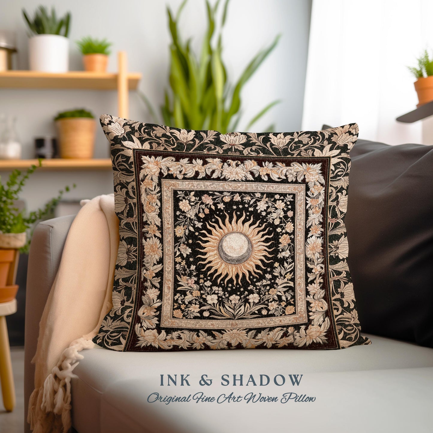 Divine Aesthetic Sun and Moon Pillow | Magical Astrology Celestial Whimsigothic Boho Bedroom Decor Mystic Magic Maximalist Witchy Cushion |