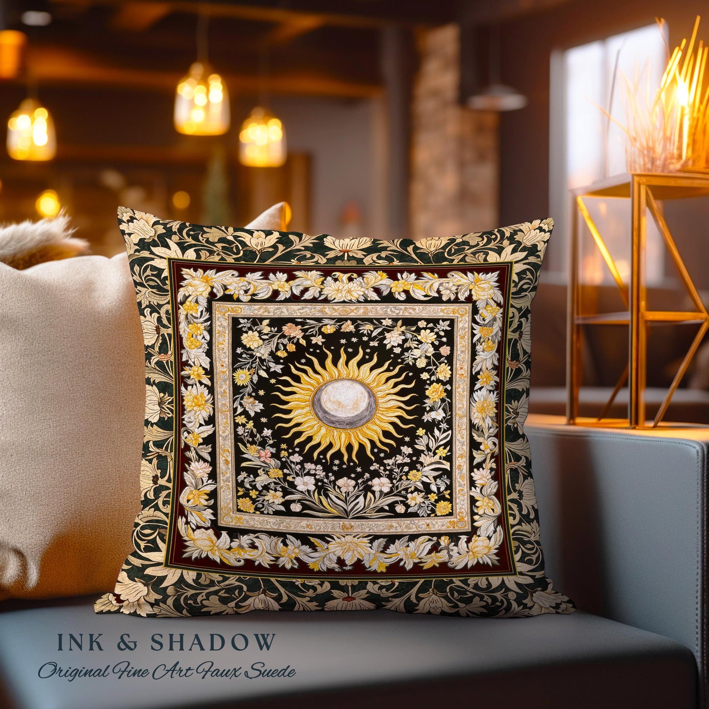 Divine Aesthetic Sun and Moon Pillow | Magical Astrology Celestial Whimsigothic Boho Bedroom Decor Mystic Magic Maximalist Witchy Cushion |