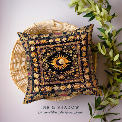 Cosmic Elegance Celestial Pillow | Dark Cottagecore Moon and Sun Ethereal Divine Aesthetic Witchy Bohemian Eclectic Spiritual Woven Cushion