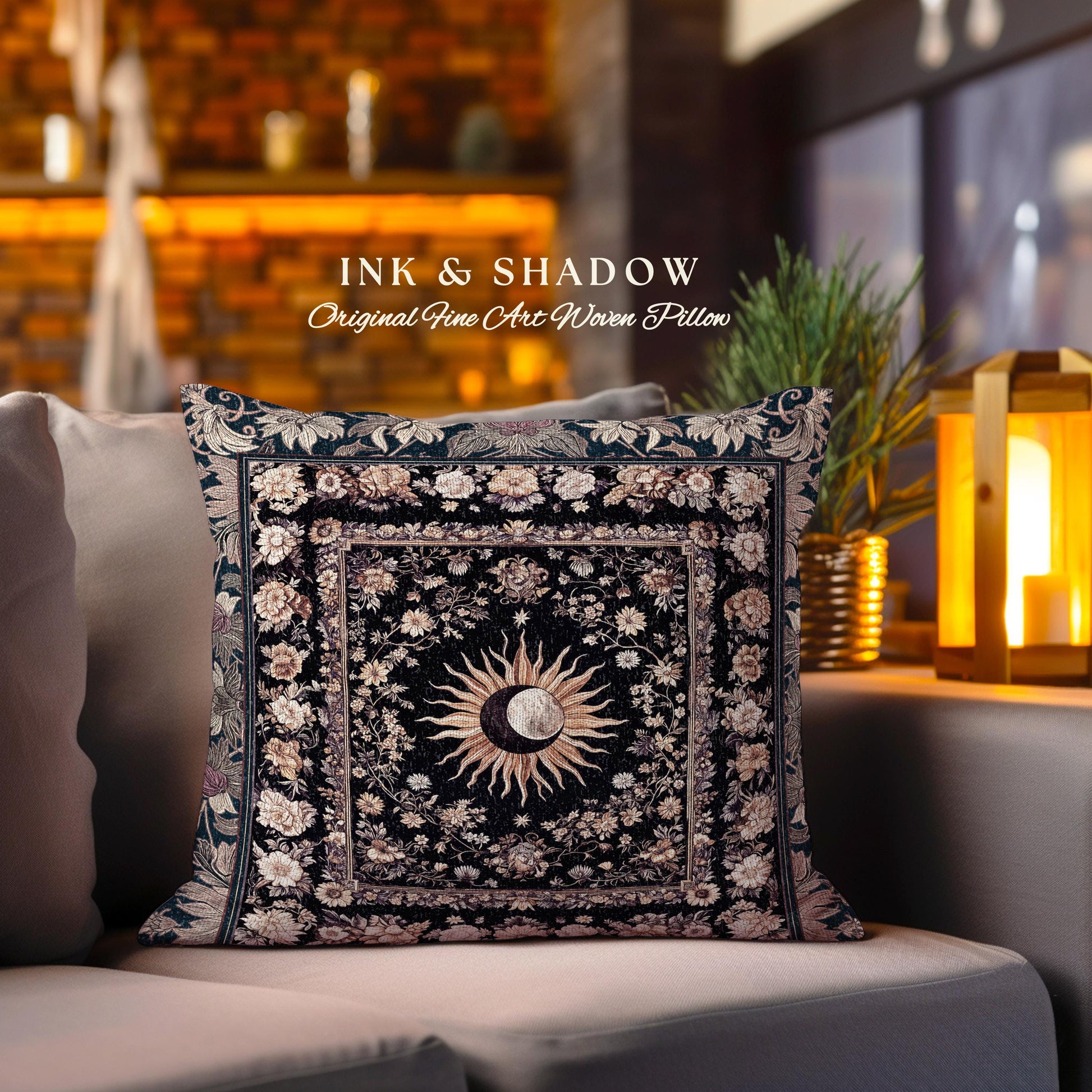 Cosmic Elegance Celestial Pillow | Dark Cottagecore Moon and Sun Ethereal Divine Aesthetic Witchy Bohemian Eclectic Spiritual Woven Cushion