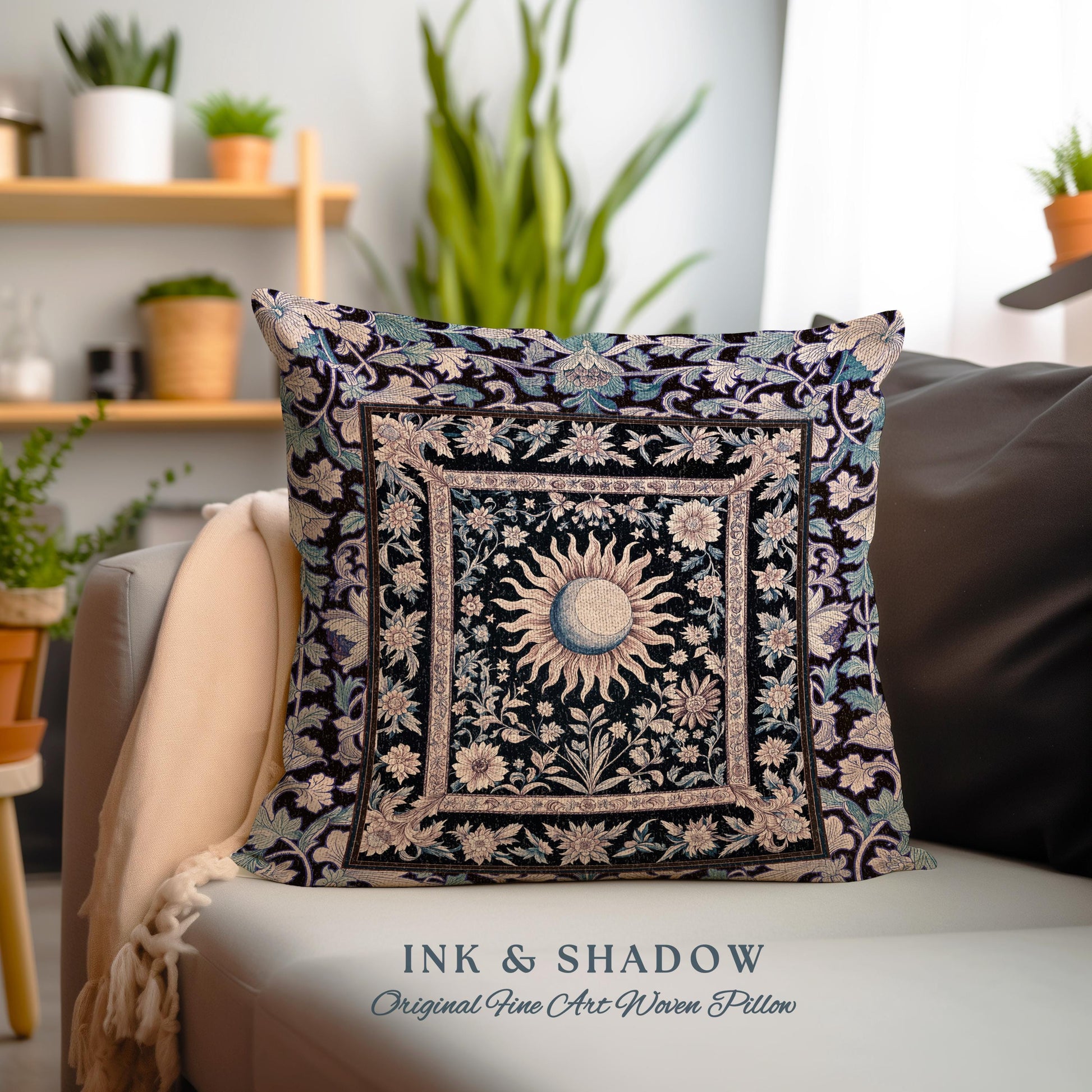 Pastel Whimsy Celestial Cushion | Mystic Bohemian Celestial Witchy Home Decor Maximalist Gothic Sun and Moon Tarot Inspired Accent Pillow |