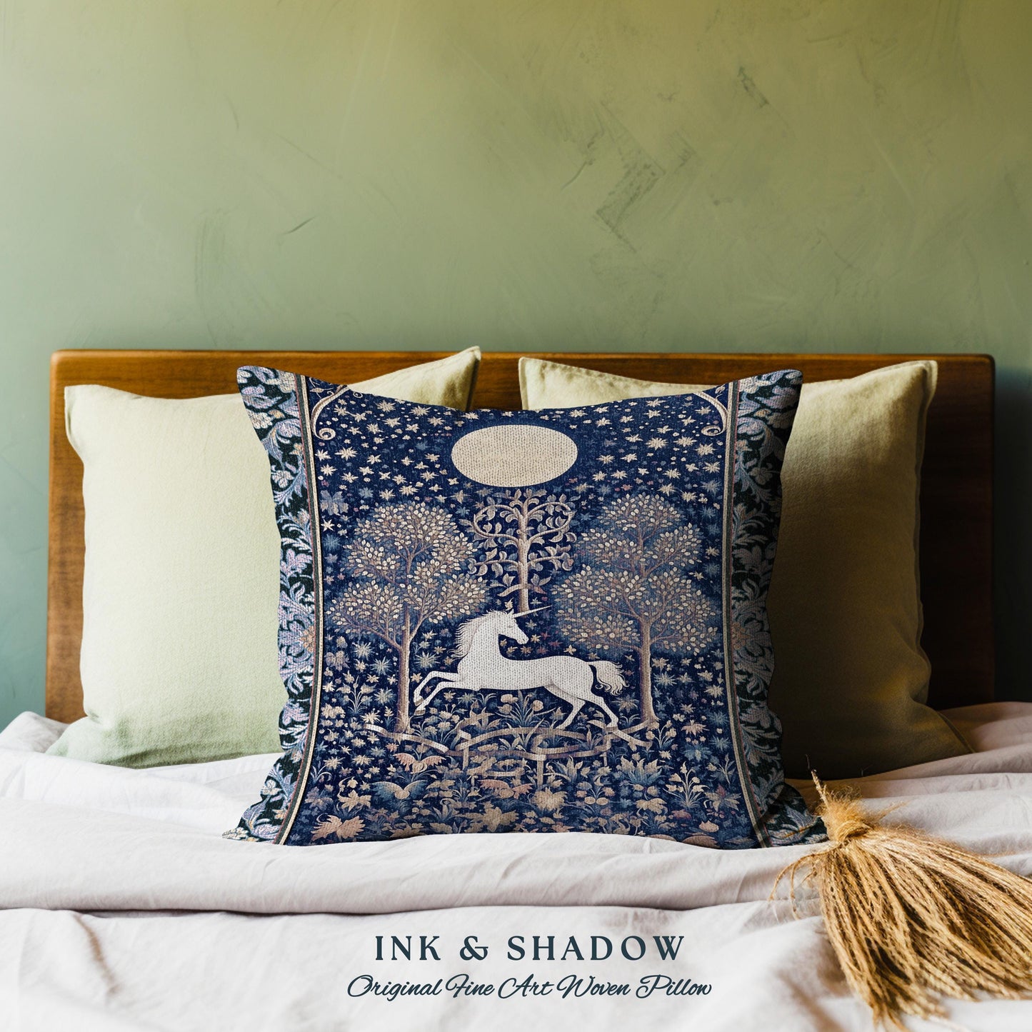 Medieval Fairytale Unicorn Tapestry Pillow | Gothic Whimsical Eclectic Fairycore Woven Cushion Victorian Gothic Dark Floral Decor Baroque |
