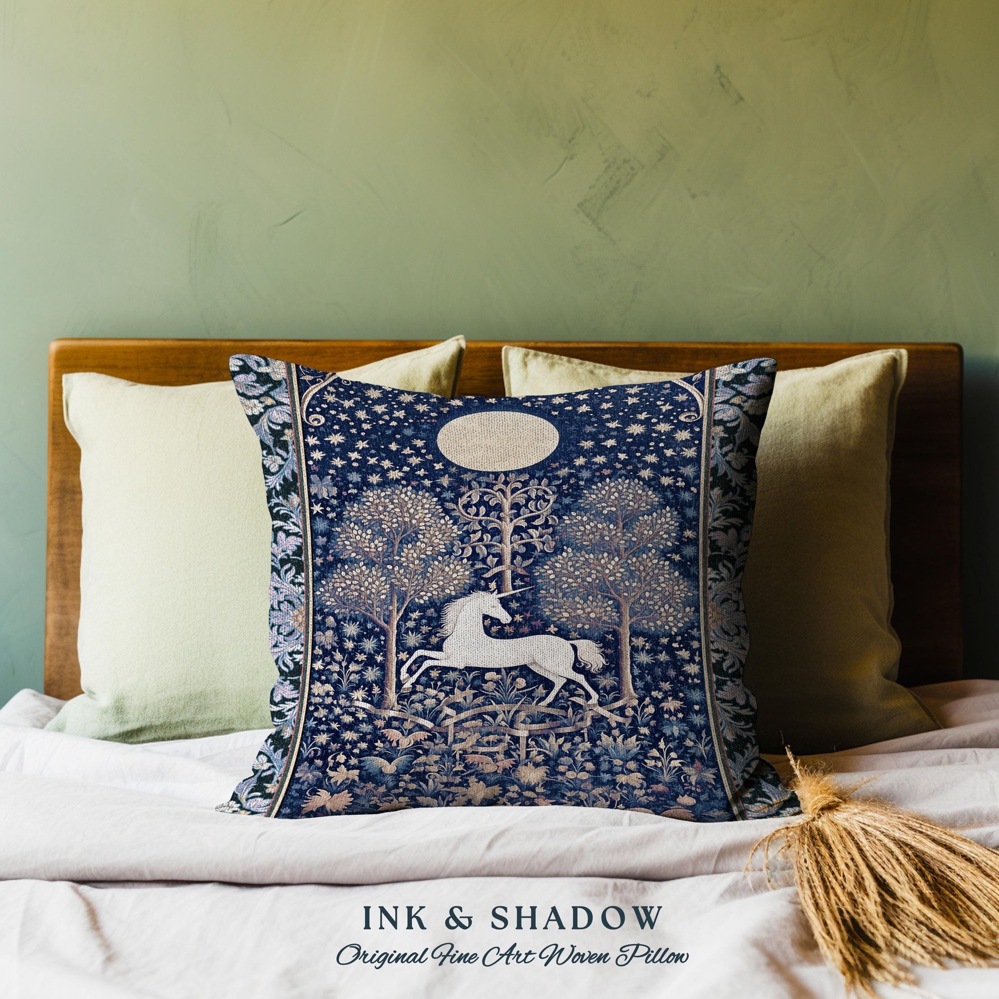 Medieval Fairytale Unicorn Tapestry Pillow | Gothic Whimsical Eclectic Fairycore Woven Cushion Victorian Gothic Dark Floral Decor Baroque |