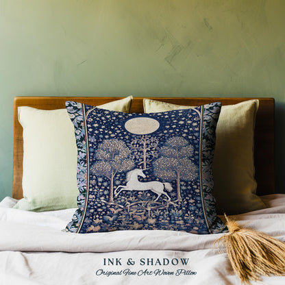 Medieval Fairytale Unicorn Tapestry Pillow | Gothic Whimsical Eclectic Fairycore Woven Cushion Victorian Gothic Dark Floral Decor Baroque |