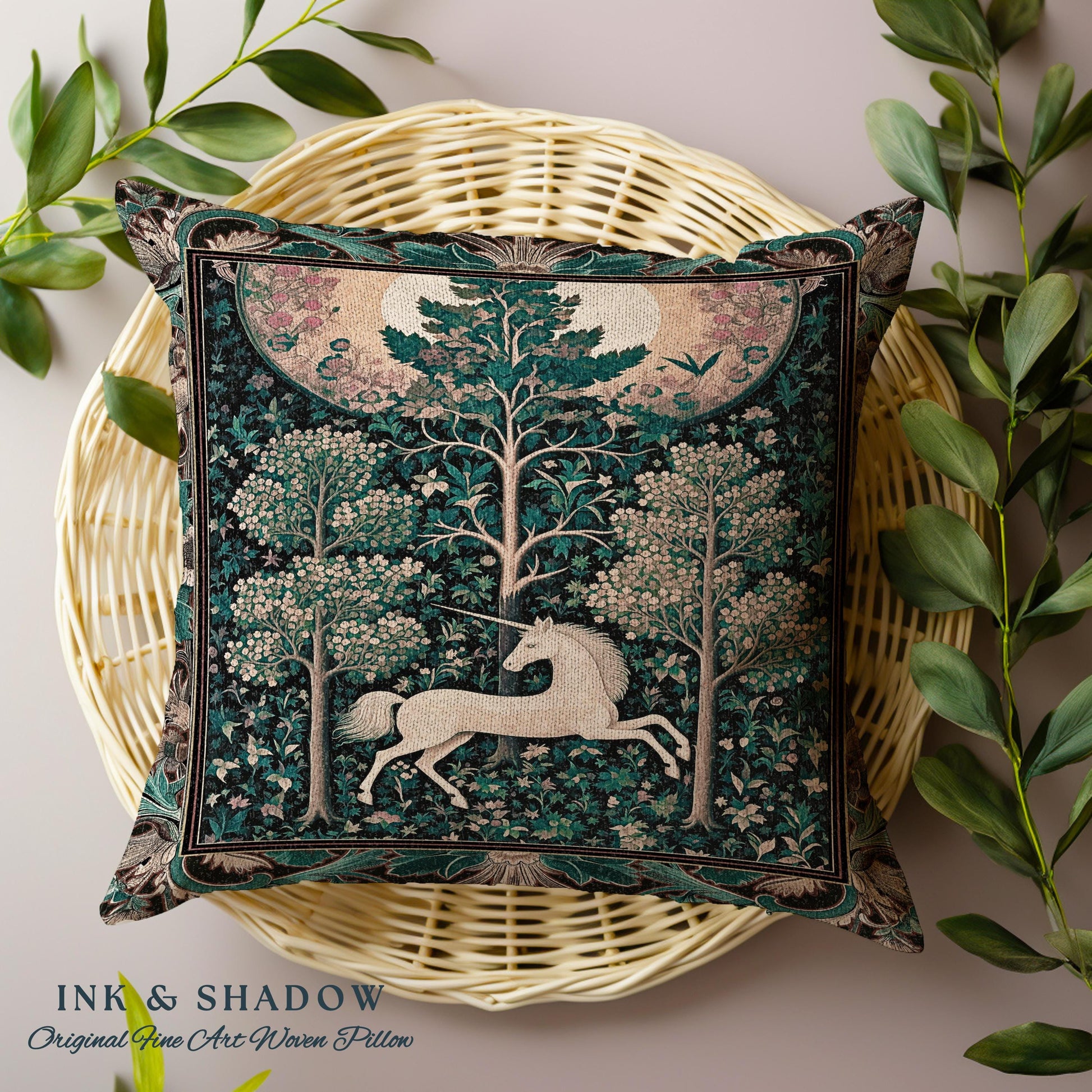 Moonlit Forest Mystical Unicorn Tapestry Pillow Medieval Fairycore Decor | Renaissance Whimsical Gothic Aesthetic Woven Cushion Forestcore |