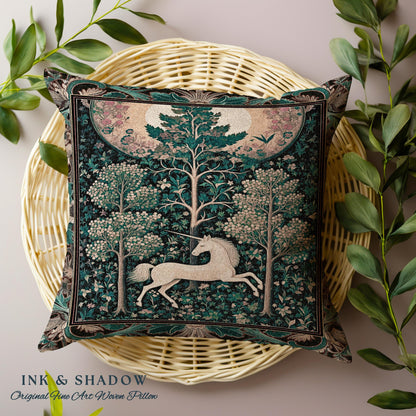 Moonlit Forest Mystical Unicorn Tapestry Pillow Medieval Fairycore Decor | Renaissance Whimsical Gothic Aesthetic Woven Cushion Forestcore |