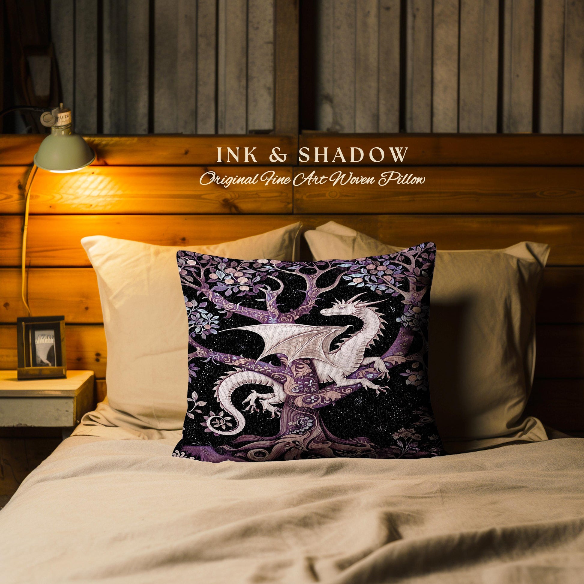 Bohemian Mystic Dragon Tapestry Cushion Whimsical Celestial Night Dark Nature Art | Boho Fantasy Decor Eclectic Purple Mystic Forest Pillow