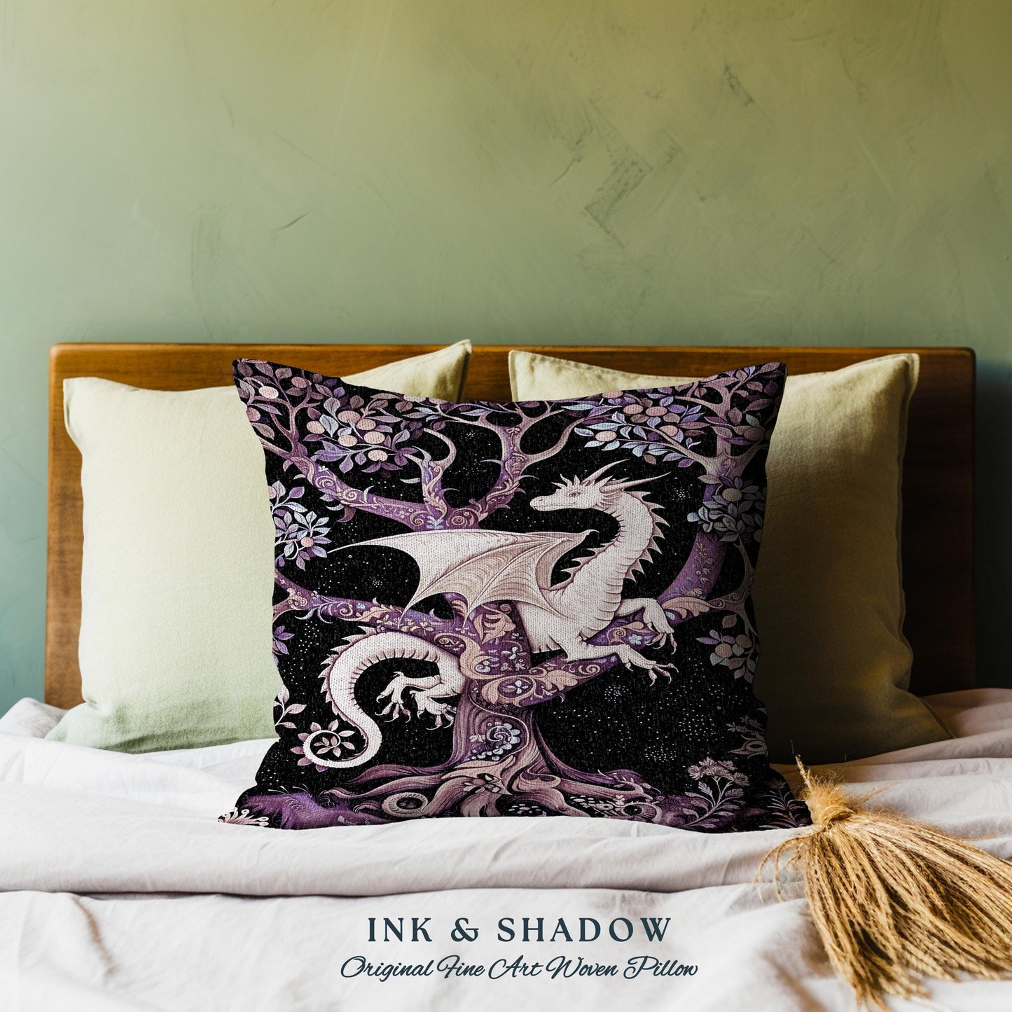 Bohemian Mystic Dragon Tapestry Cushion Whimsical Celestial Night Dark Nature Art | Boho Fantasy Decor Eclectic Purple Mystic Forest Pillow