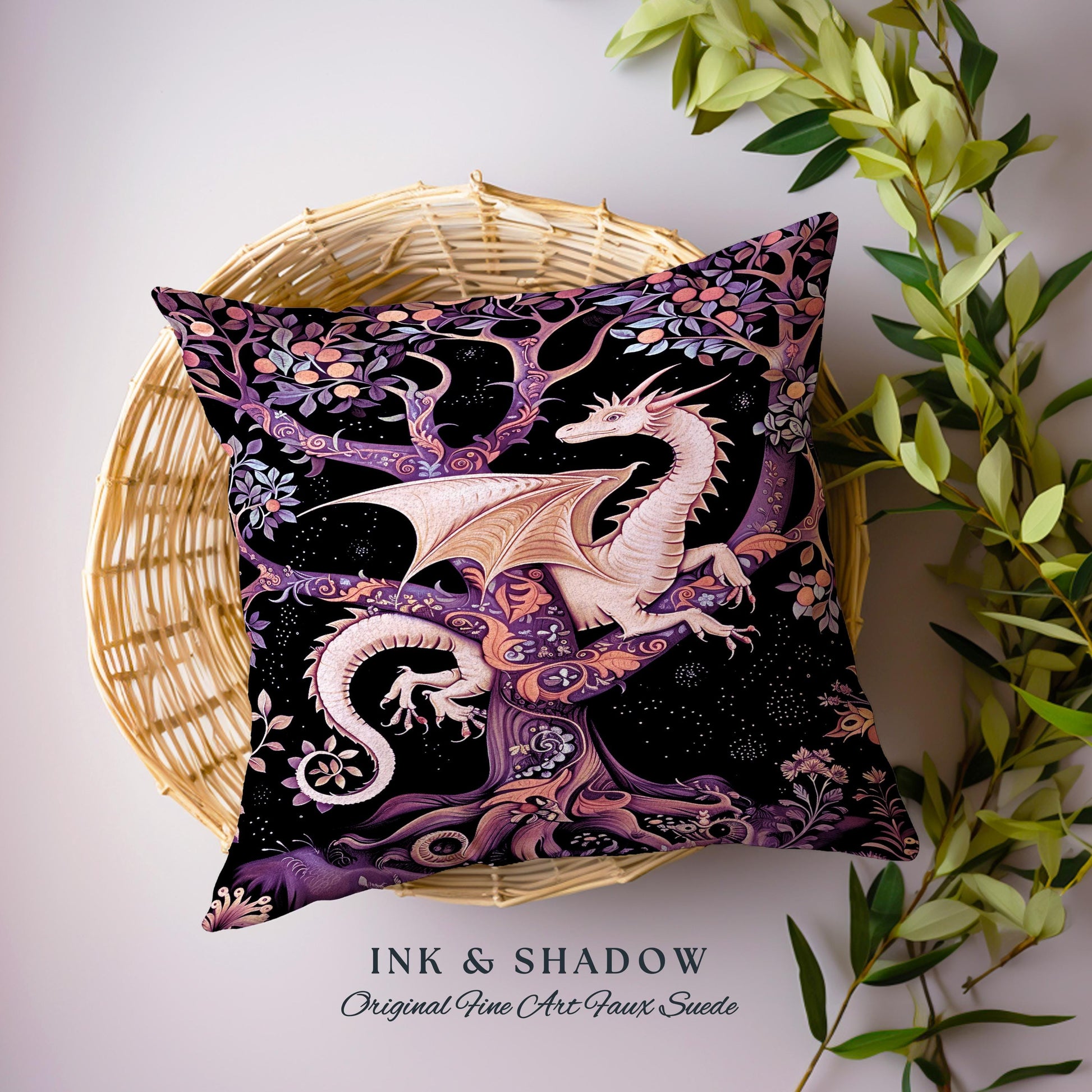 Bohemian Mystic Dragon Tapestry Cushion Whimsical Celestial Night Dark Nature Art | Boho Fantasy Decor Eclectic Purple Mystic Forest Pillow