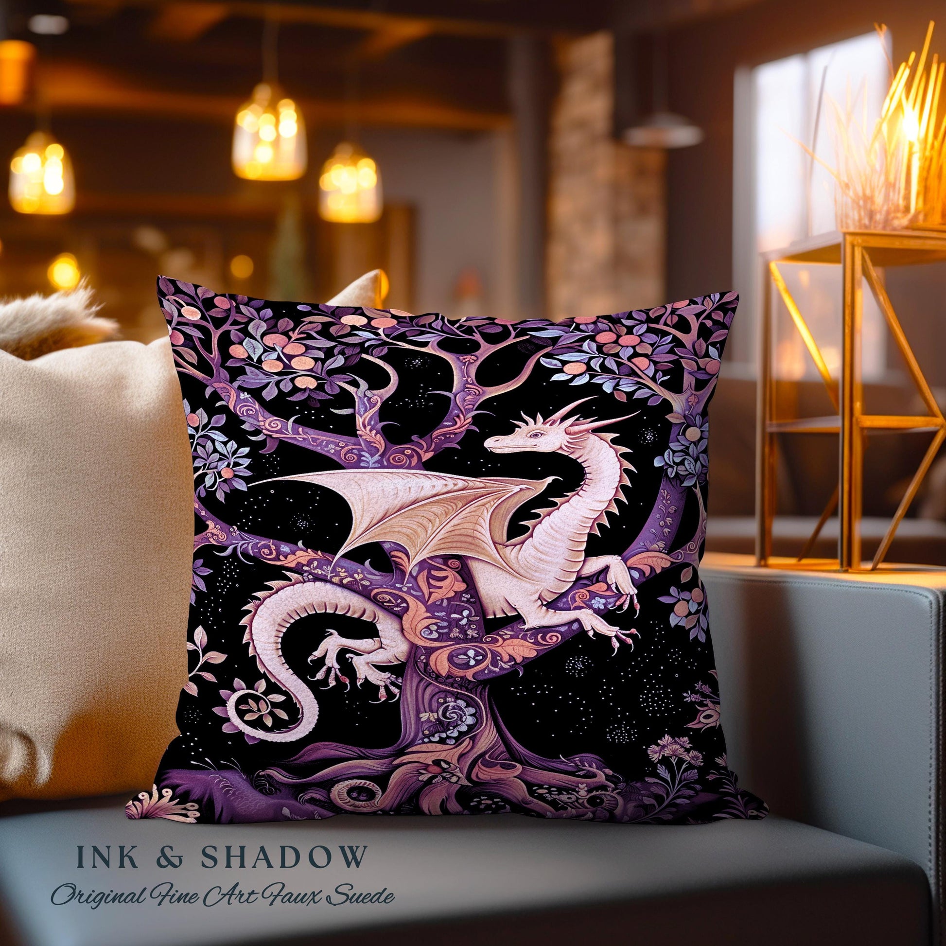 Bohemian Mystic Dragon Tapestry Cushion Whimsical Celestial Night Dark Nature Art | Boho Fantasy Decor Eclectic Purple Mystic Forest Pillow