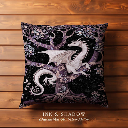 Bohemian Mystic Dragon Tapestry Cushion Whimsical Celestial Night Dark Nature Art | Boho Fantasy Decor Eclectic Purple Mystic Forest Pillow