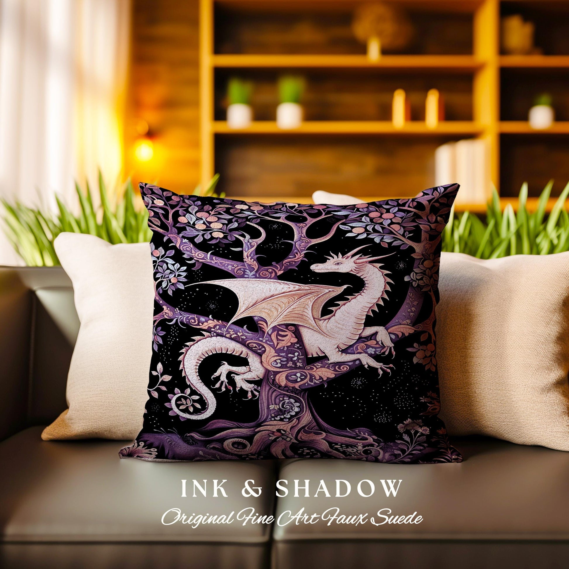 Bohemian Mystic Dragon Tapestry Cushion Whimsical Celestial Night Dark Nature Art | Boho Fantasy Decor Eclectic Purple Mystic Forest Pillow